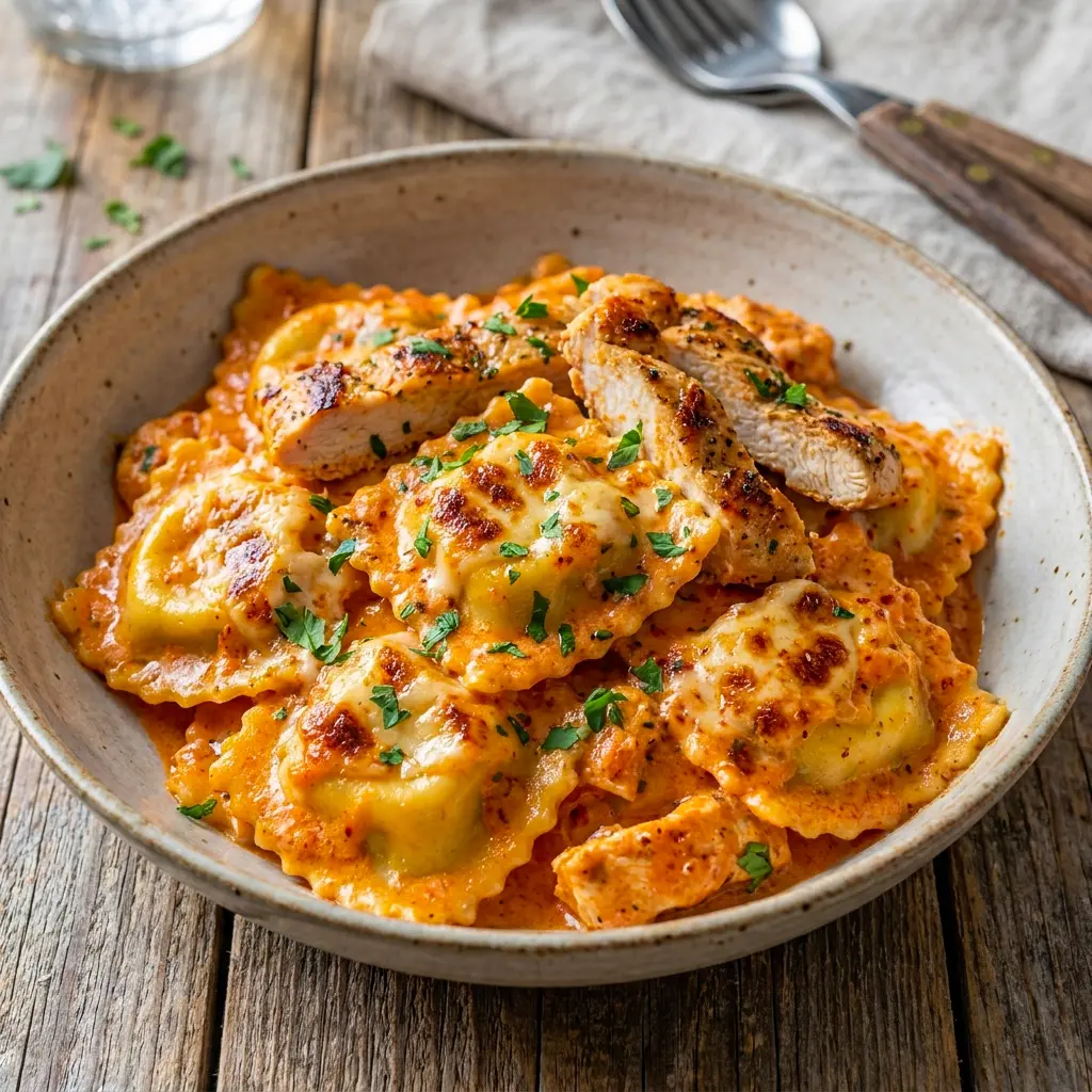 Cheesy Crockpot Million Dollar Ravioli finished with melted mozzarella, one of those Famous Dinners that feels extra special.