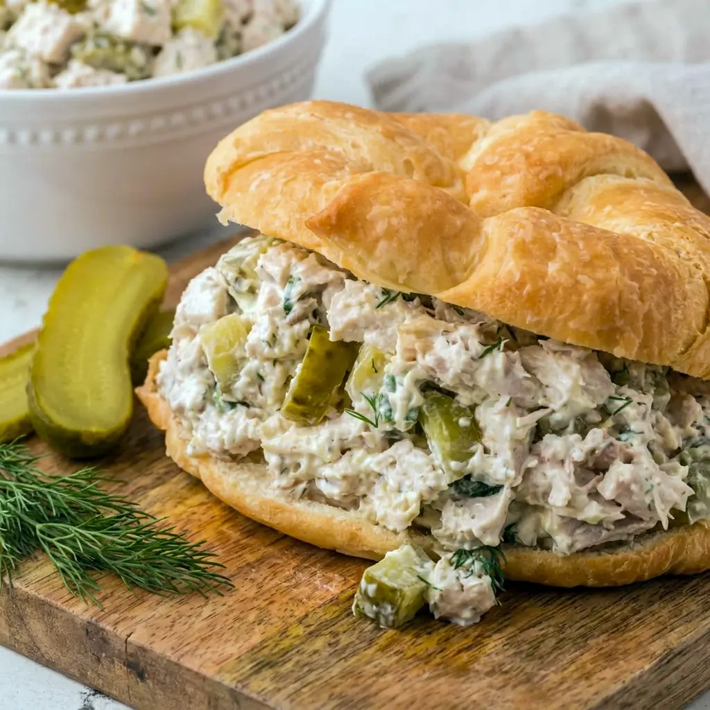A lunch bowl of Dill Pickle Chicken Salad served with crisp lettuce, a great choice for Unique Healthy Salads and simple meal prep.