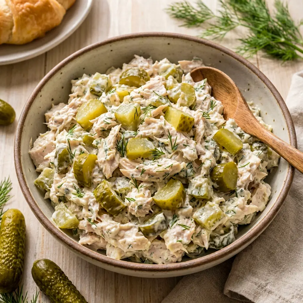 A chilled serving of Dill Pickle Chicken Salad with crackers and veggies, ideal for Lunch Meal Prep For The Week Cold.