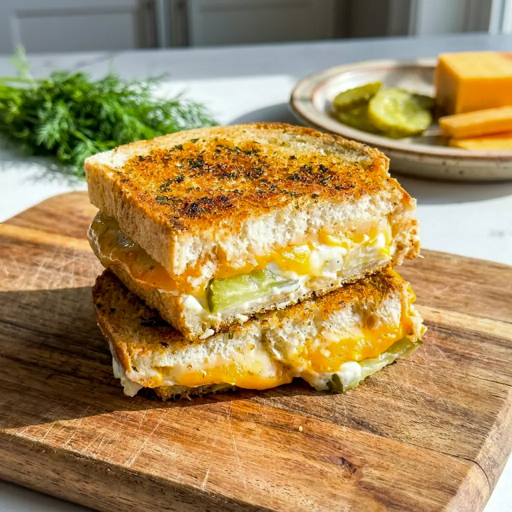 A crispy Dill Pickle Grilled Cheese Sandwich with gooey cheese and tangy pickles, built for fans of Weird Pickle Recipes that actually taste amazing.