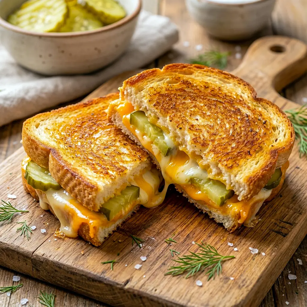 A hot Dill Pickle Grilled Cheese Sandwich with melty cheese and crisp bread, styled like a bold Dill Grilled Cheese lunch favorite.