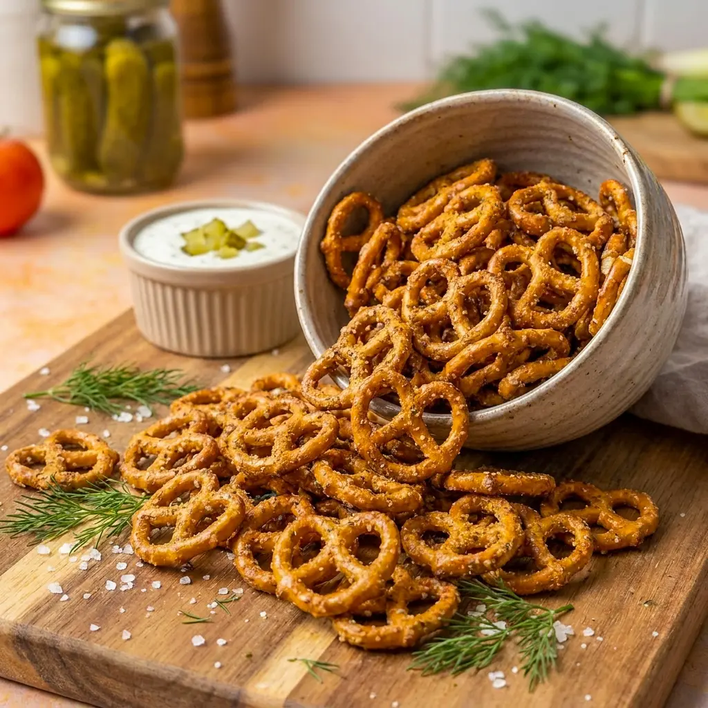 Crispy Dill Pickle Ranch Pretzels with bold tangy seasoning, a must-try for Dill Pickle Snack Recipes.