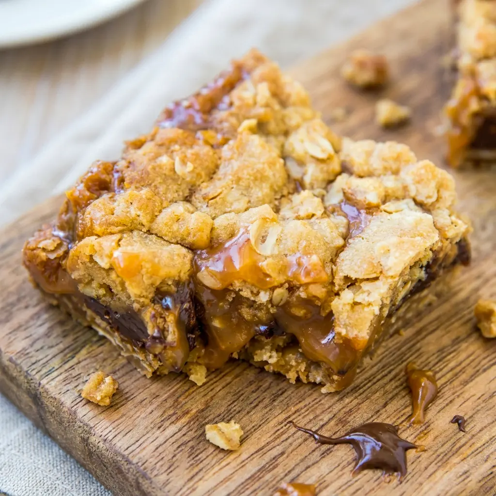Soft, buttery Easy Carmelitas look irresistible as Salted Caramel Chocolate Chip Oat Cookie Bars on a dessert tray.