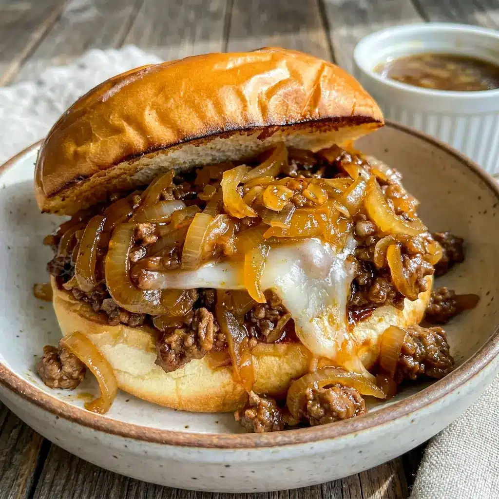 A close-up of French Onion Beef Sloppy Joes for Ground Beef Onion Recipes, showing savory caramelized onions and rich filling.