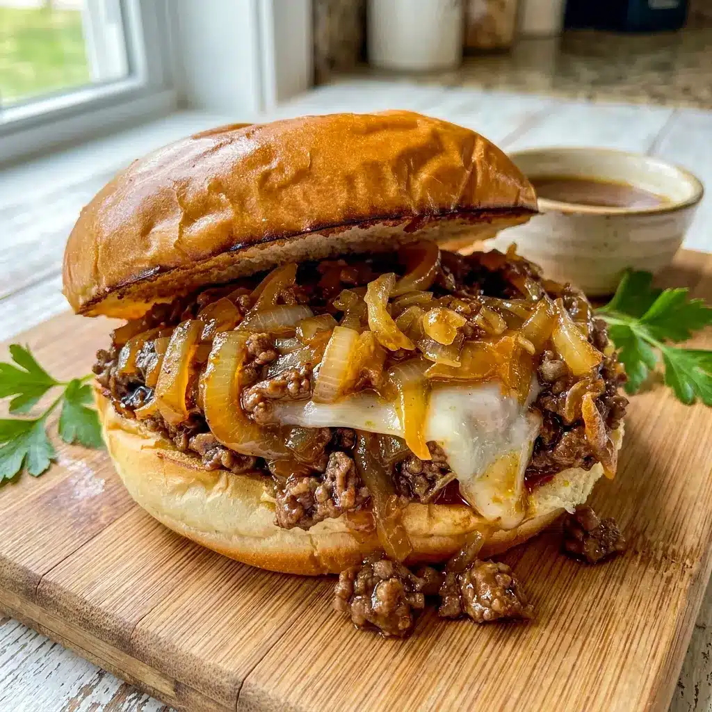 A hearty sandwich plate of French Onion Beef Sloppy Joes for Different Sloppy Joe Recipes, served with a cozy homemade look.