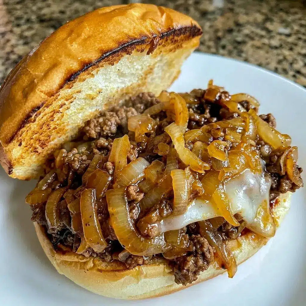 A melty tray of French Onion Beef Sloppy Joes inspired by Sloppy Joes With French Onion Soup, perfect for comfort-food dinners.
