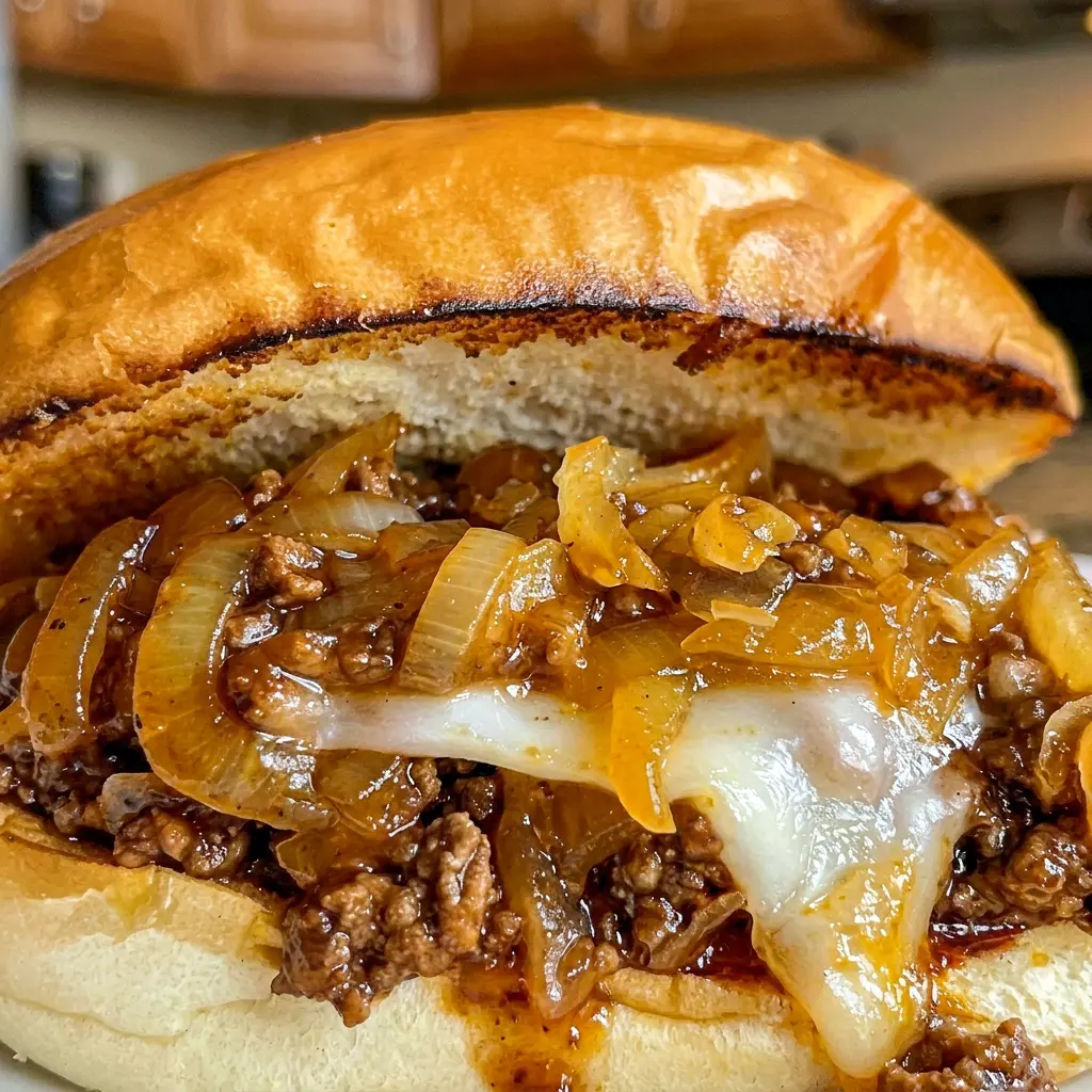A family-style serving of French Onion Beef Sloppy Joes for French Onion Sloppy Joes Ground Beef, ready for an easy weeknight meal.