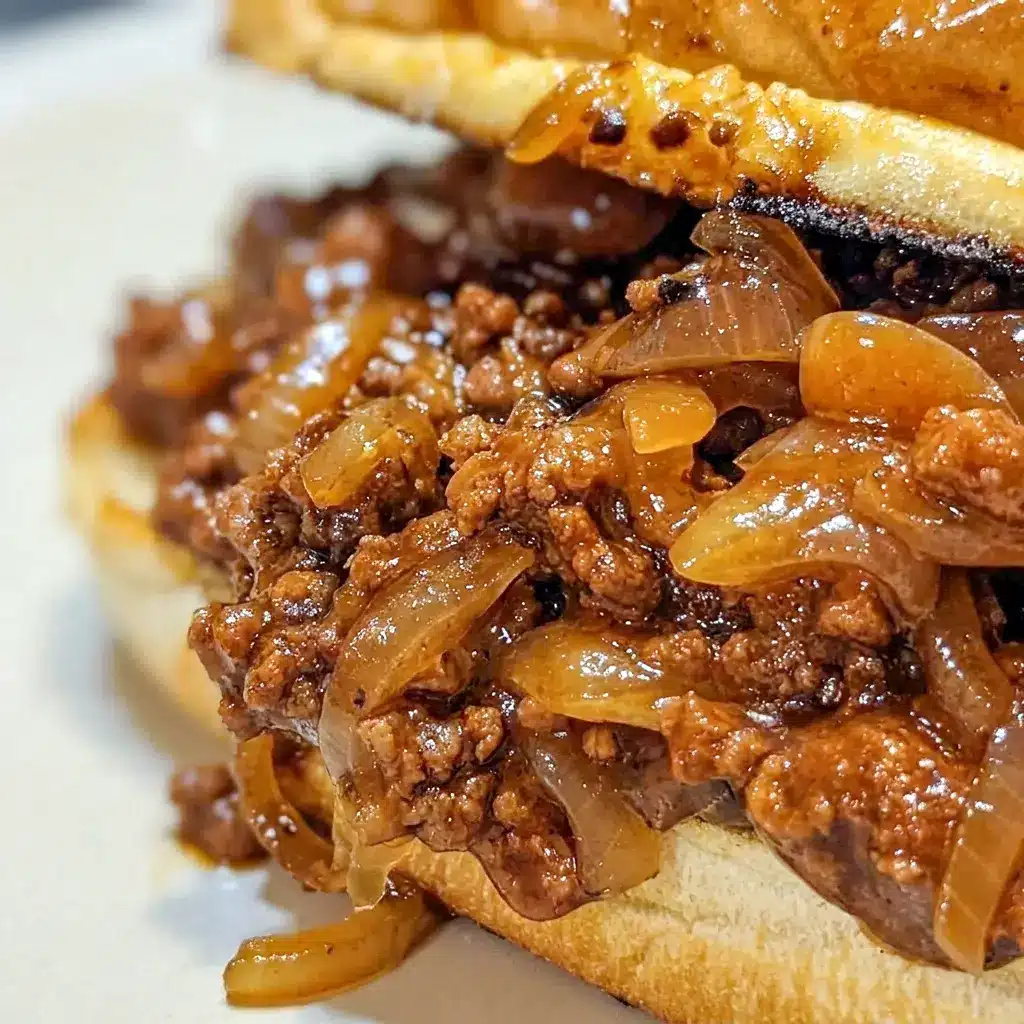 A skillet of French Onion Beef Sloppy Joes styled for Sunday Football Dinner Ideas, with melted cheese and toasted buns.
