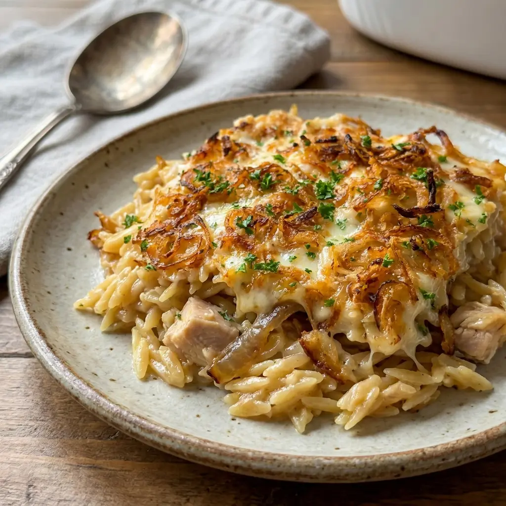 A warm skillet of French Onion Chicken Orzo Casserole with deeply caramelized onions, inspired by Classic French Onion Soup and topped with melty cheese.