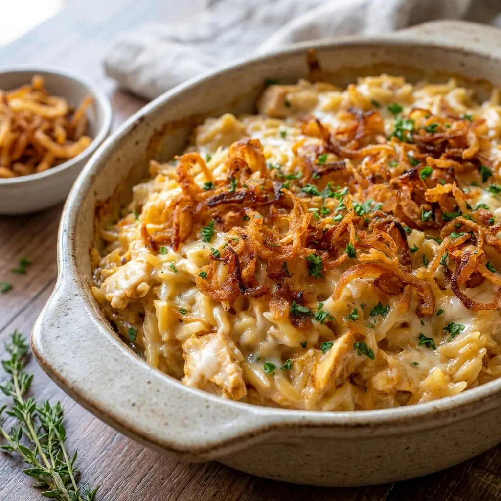 This hearty French Onion Chicken Orzo Casserole features Rotisserie Kip and a savory, time-saving twist for busy weeknight cooking.