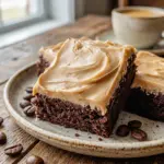 A rich tray of Frosted Coffee Brownies topped with creamy frosting, styled like classic Coffee Brownies for a chocolate-lover dessert pin.