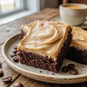 A rich tray of Frosted Coffee Brownies topped with creamy frosting, styled like classic Coffee Brownies for a chocolate-lover dessert pin.