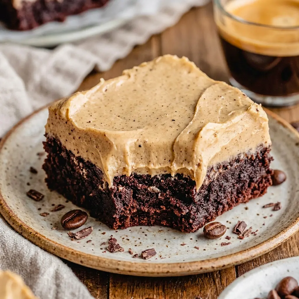 A decadent pan of Frosted Coffee Brownies served on a dessert plate, a sweet idea for Eat Dessert and snack-time cravings.