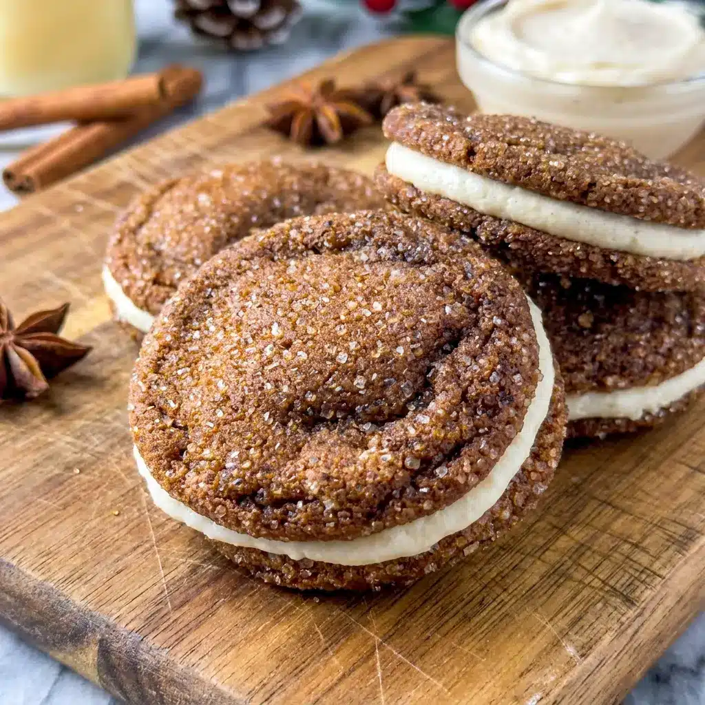 Close-up of Ginger Molasses Sandwich Cookies with Eggnog Frosting showing creamy filling, inspired by Ginger Molasses Sandwich Cookies With Eggnog Buttercream for Christmas baking.