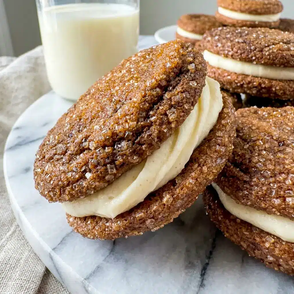 Ginger Molasses Sandwich Cookies with Eggnog Frosting on a cooling rack, the perfect example of How To Make Ginger Sandwich Cookies for the season.