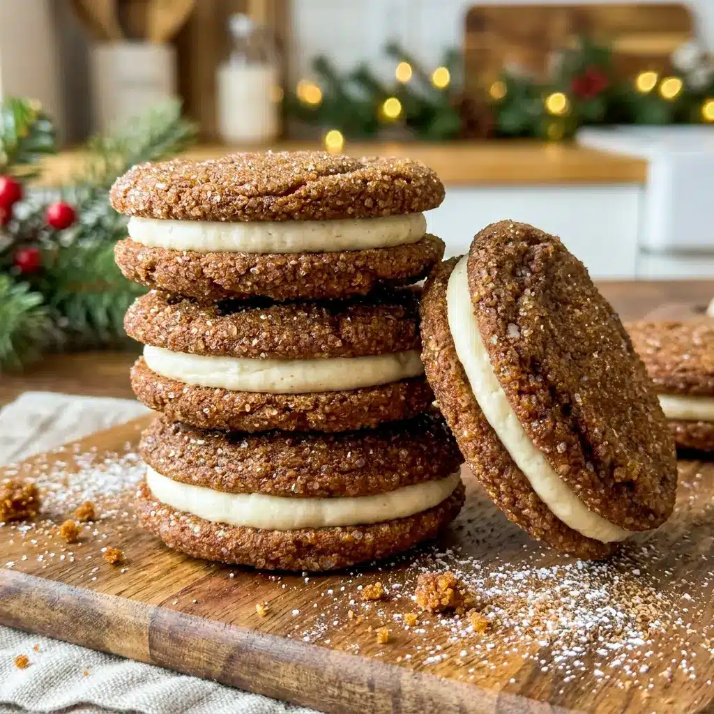 A cozy dessert spread featuring Ginger Molasses Sandwich Cookies with Eggnog Frosting and a beautiful Stack Of Ginger Sandwich Cookies for holiday guests.
