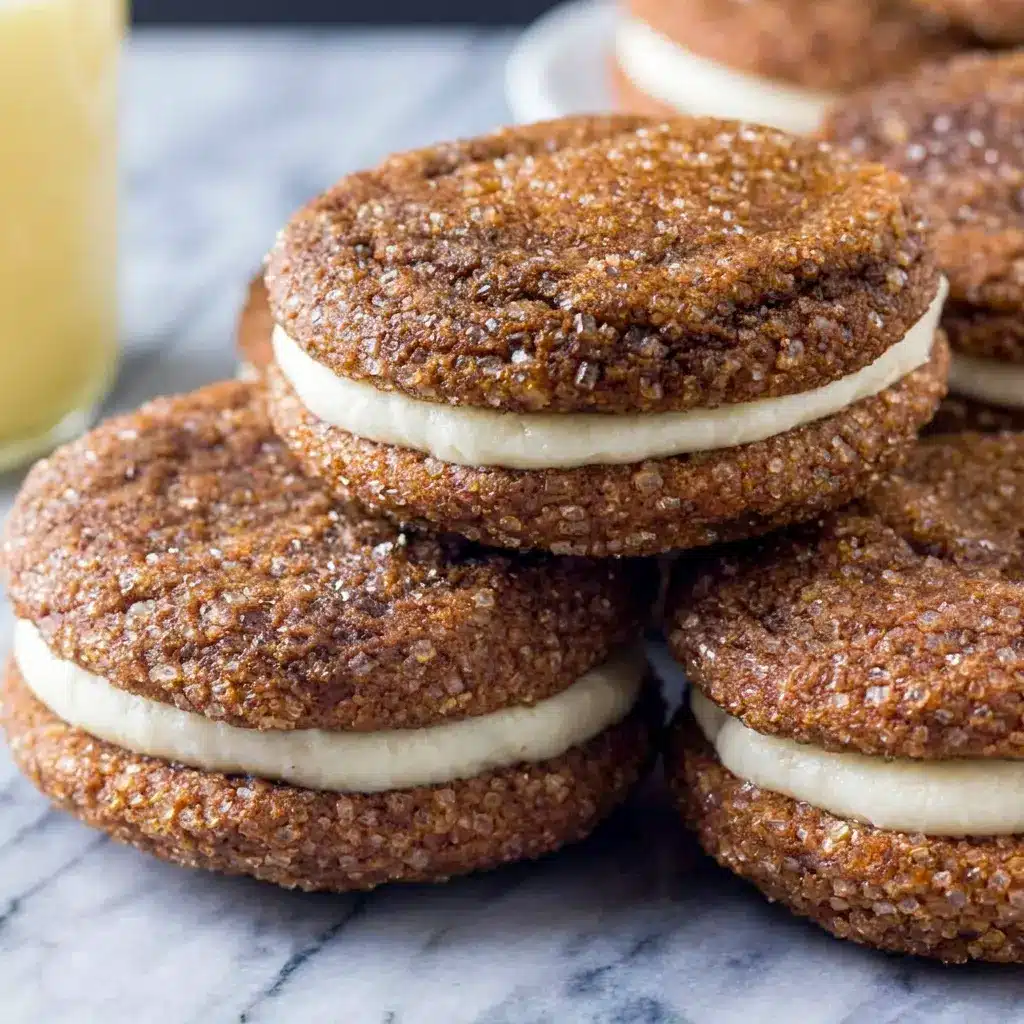 Ginger Molasses Sandwich Cookies with Eggnog Frosting with a sweet spiced center, a delicious Ginger Molasses Cookie Sandwich for cookie exchanges.