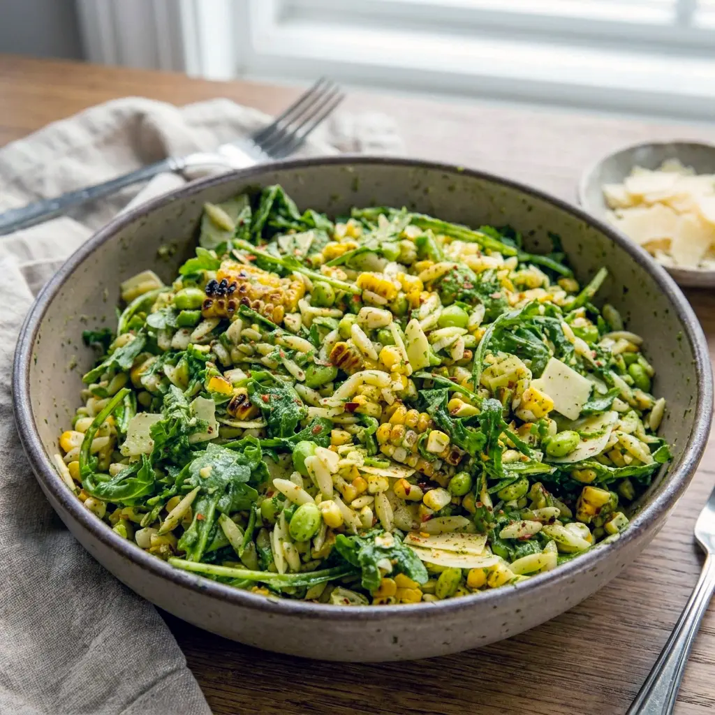 Grilled Corn Orzo Salad is a crowd-pleasing choice for Easy Party Food Vegetarian and colorful summer potlucks.