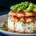 A fresh Honey Lime Chicken and Avocado Rice Stack Recipe for Clean Eating dinner with juicy chicken, avocado, and lime.