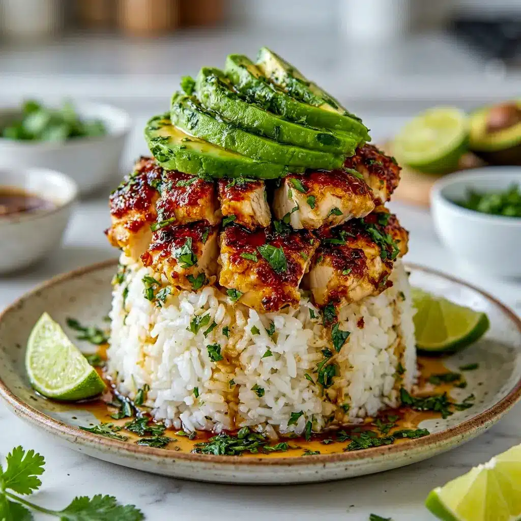 A close-up of Honey Lime Chicken and Avocado Rice Stack Recipe topped with creamy Avocado Rice and bright citrus flavor.