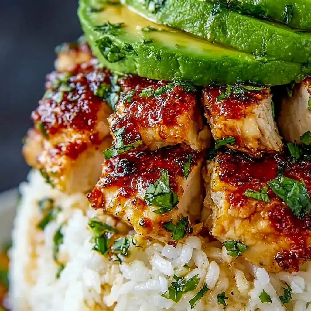 A colorful plate of Honey Lime Chicken and Avocado Rice Stack Recipe featuring glazed Honey Lime Chicken and fresh cilantro.