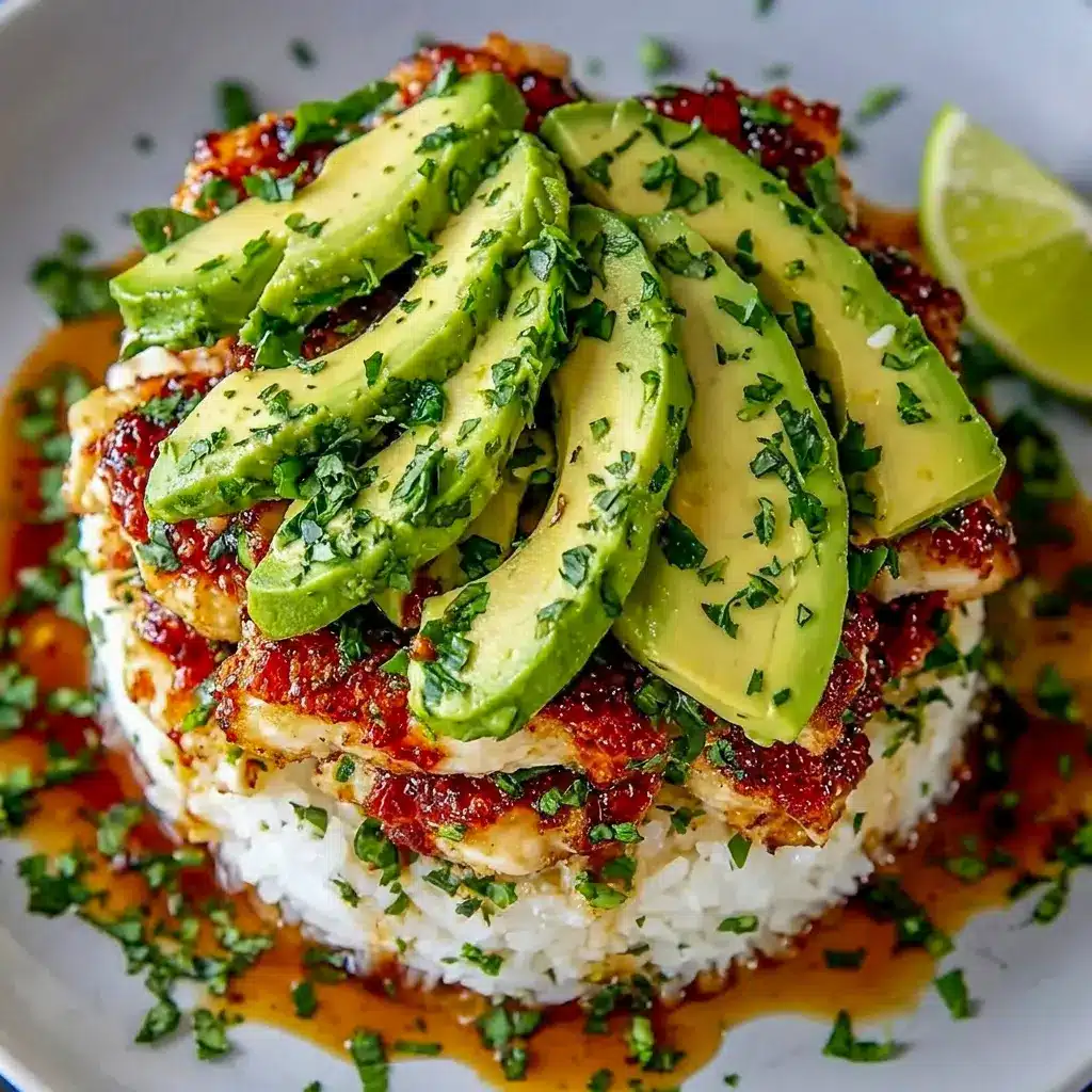 A stacked dinner bowl of Honey Lime Chicken and Avocado Rice Stack Recipe with zesty Chicken Avocado Rice and fresh lime.