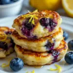 A bright breakfast plate of Lemon Blueberry Cottage Cheese Pancake Bites served with fruit, styled like Strawberry Cottage Cheese Pancake Bites for a colorful morning spread.