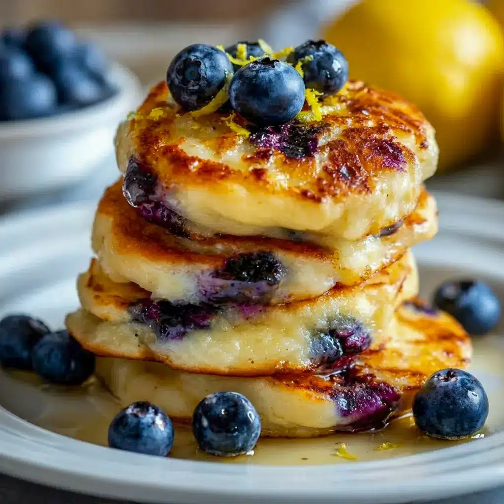 Freshly cooked Lemon Blueberry Cottage Cheese Pancake Bites stacked on a plate, perfect for a Quick Breakfast For Work on busy mornings.
