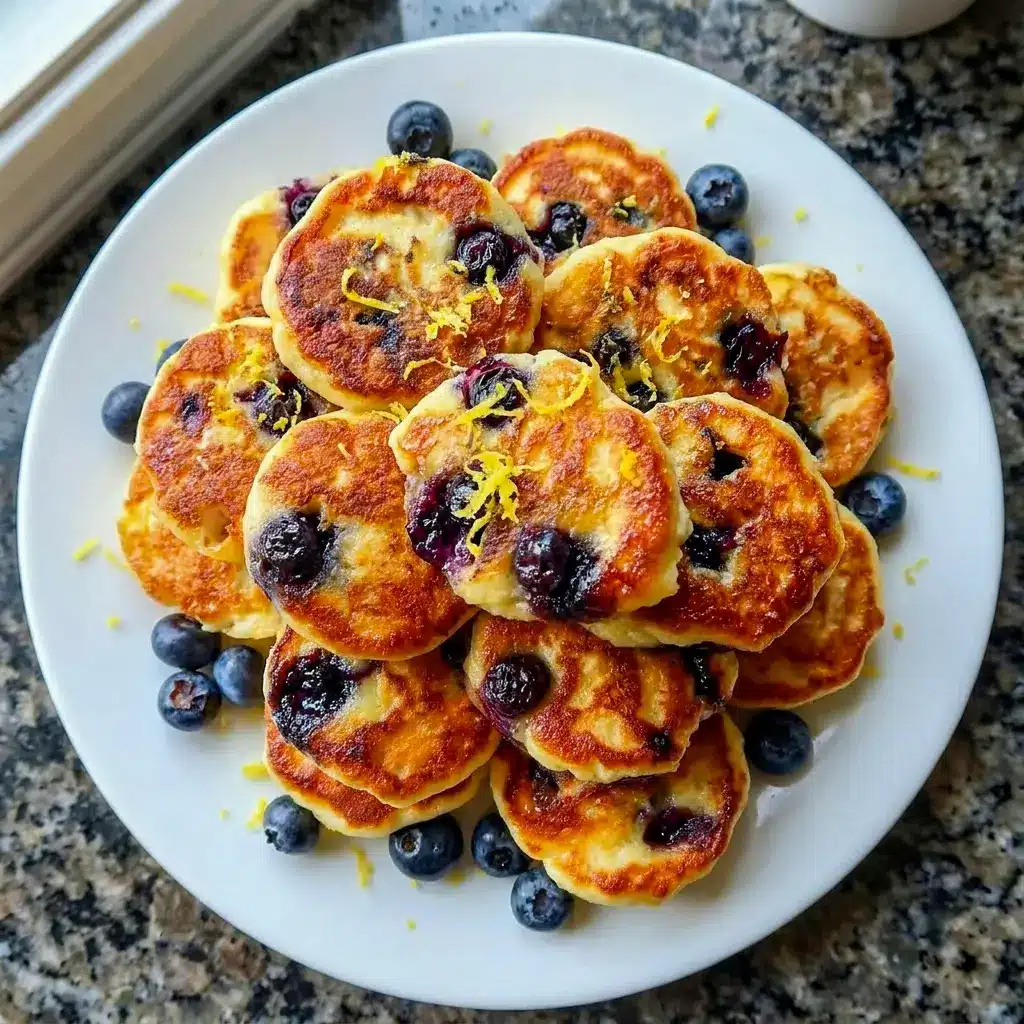 Soft and fluffy Lemon Blueberry Cottage Cheese Pancake Bites with a creamy topping, inspired by Greek Yogurt Lemon Blueberry Pancake Bites for a high-protein breakfast.