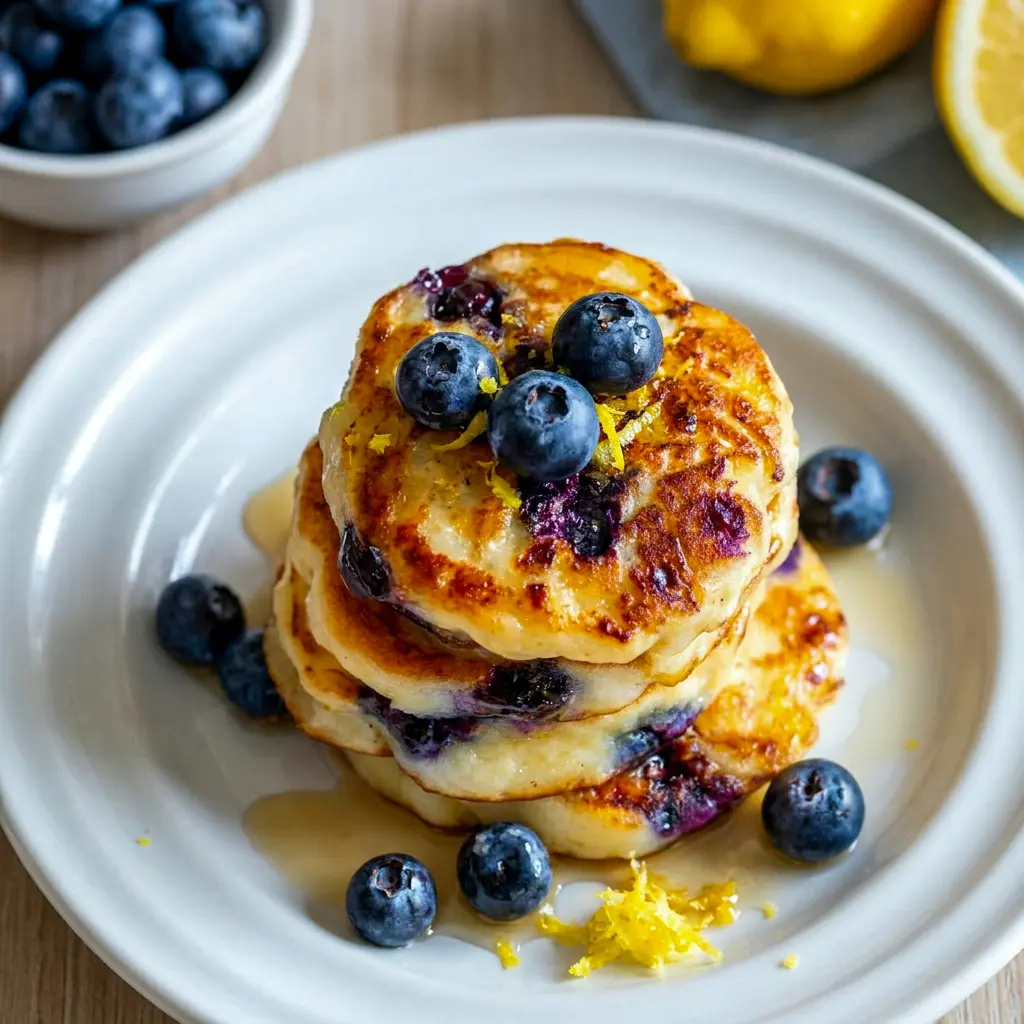 A cozy family breakfast of Lemon Blueberry Cottage Cheese Pancake Bites with syrup and berries, showing why they are one of the Fluffy Blueberry Cottage Cheese Pancakes everyone loves.