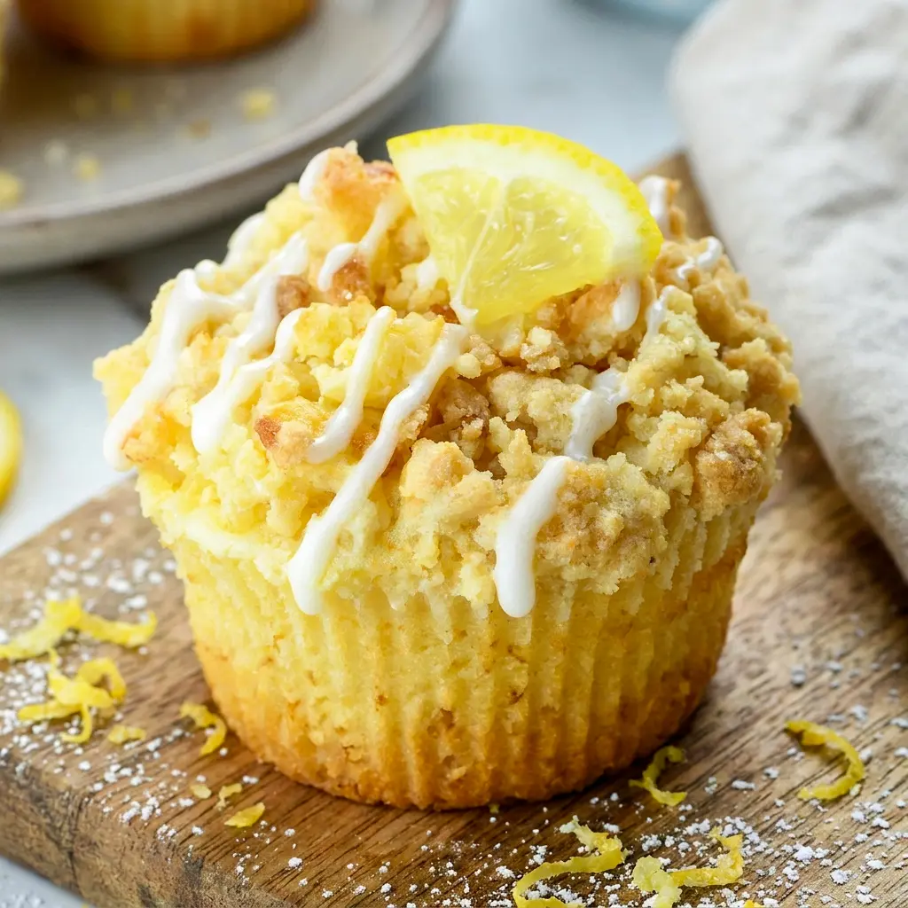 Golden Lemon Cream Cheese Muffins topped with crumbly streusel, a sweet choice for Dessert For Breakfast.