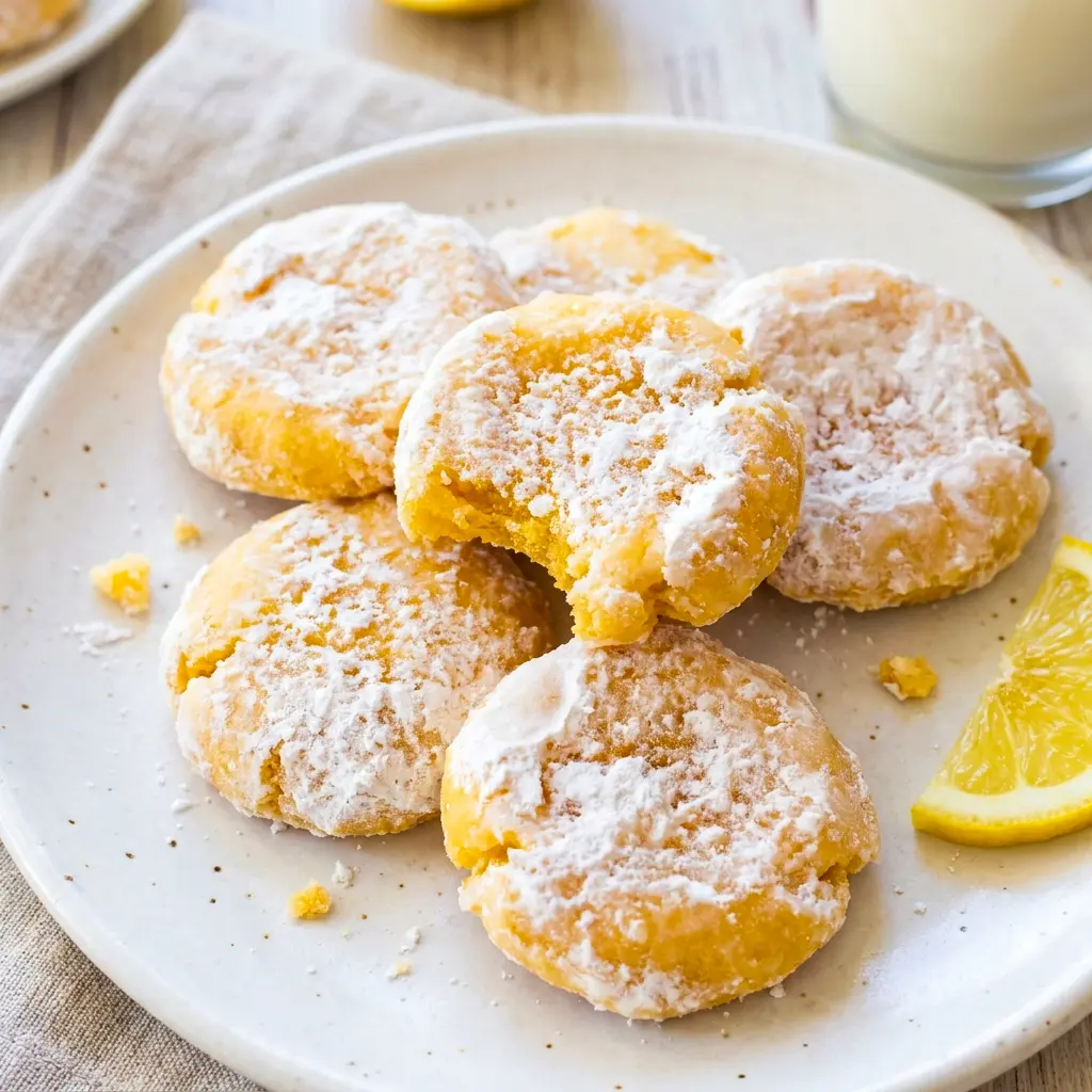 A close-up of Lemon Pixie Cookies dusted with powdered sweetener, perfect for Healthy Gf Cookies lovers who want a fresh lemon treat.