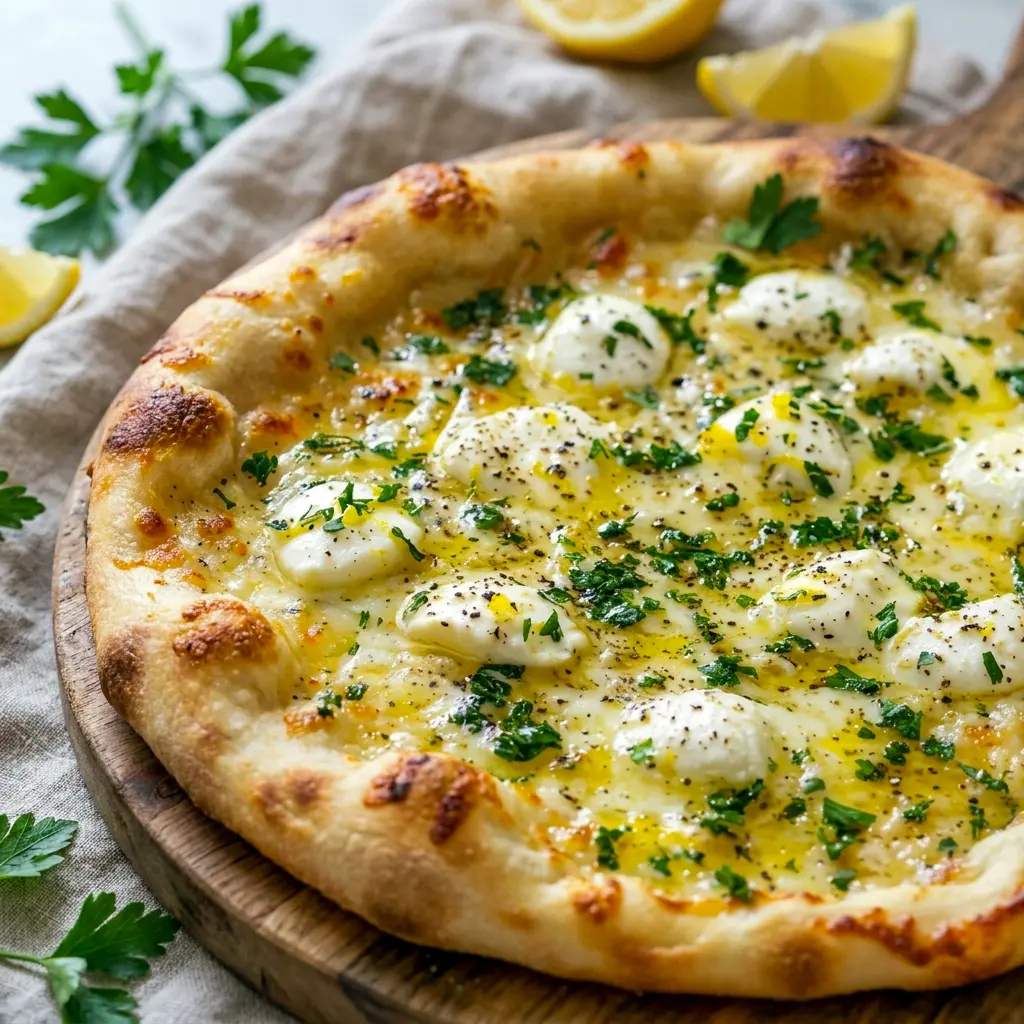 This cozy Lemon Pizza slice highlights Lemon Pizza With Fresh Herbs and golden cheese for a light, savory weekend meal.