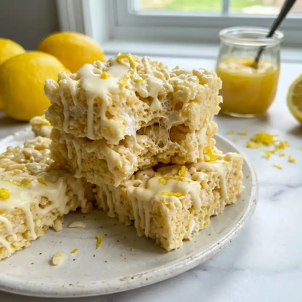Soft and chewy Lemon Rice Krispy Treats cut into squares, making cute Kids Treats Ideas for parties and classroom snacks.