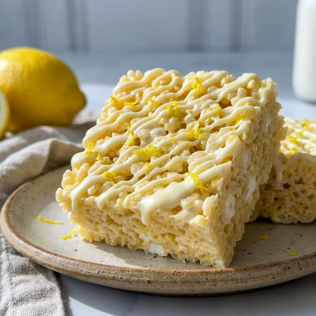 Fresh Lemon Rice Krispy Treats drizzled with white chocolate, a cheerful choice for Desserts To Sale and bake sale displays.
