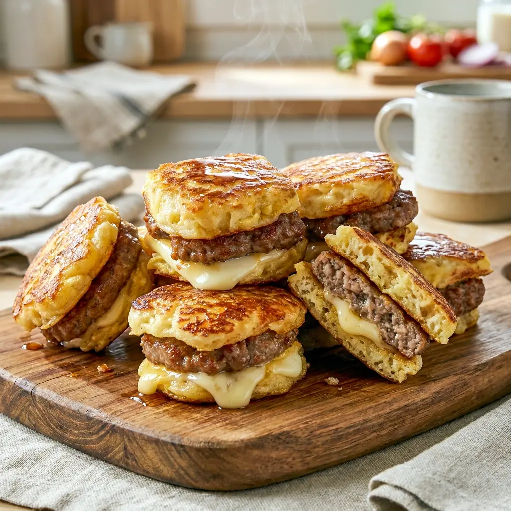 Golden McGriddle Bites in a mini muffin pan, perfect for Easy To Go Breakfast meal prep and quick freezer storage.