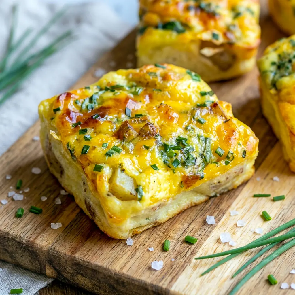 A close-up of Potato Chive Egg Bites Starbucks Copycat highlights cheesy Starbucks Potato Egg Bites with a creamy texture and golden tops.