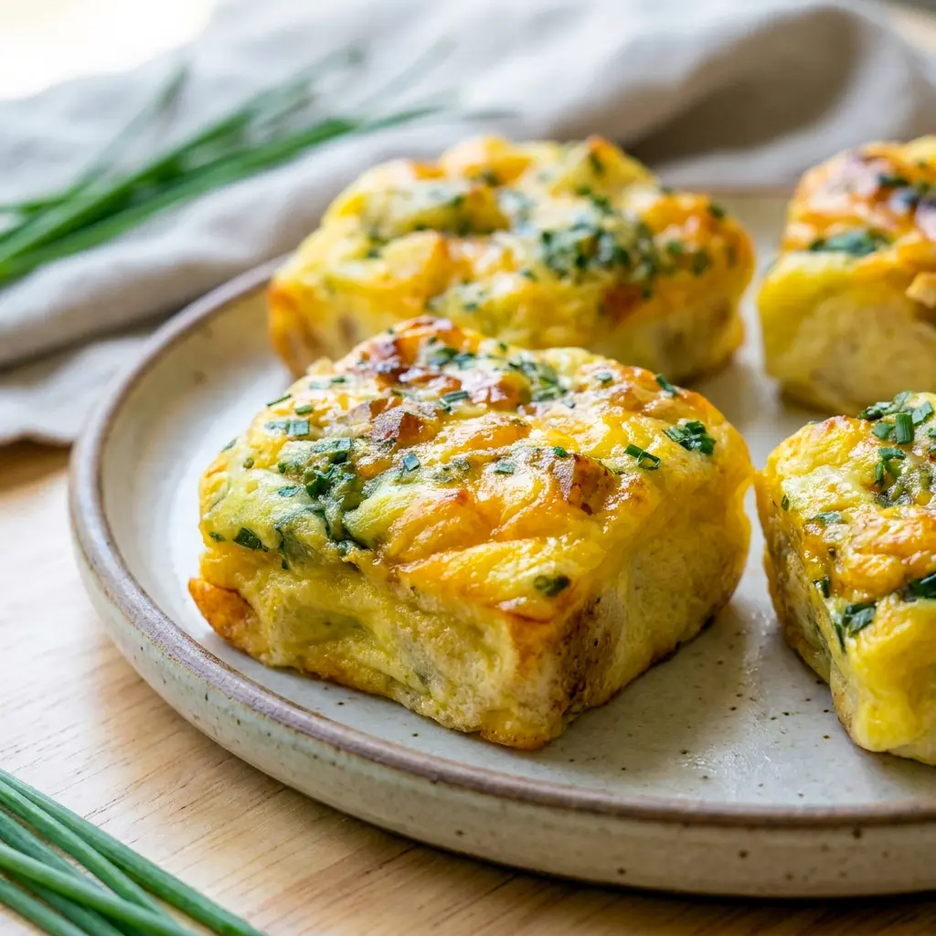 These Potato Chive Egg Bites Starbucks Copycat look like savory Potato Breakfast Bites made with soft eggs, potatoes, spinach, and fresh chives.