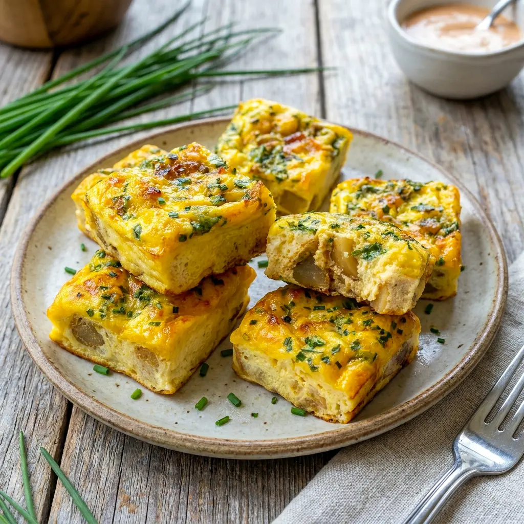 Potato Chive Egg Bites Starbucks Copycat is shown in silicone molds with How To Make Starbucks Potato Bites style layers of fluffy eggs, tender potatoes, cheddar, and chives.