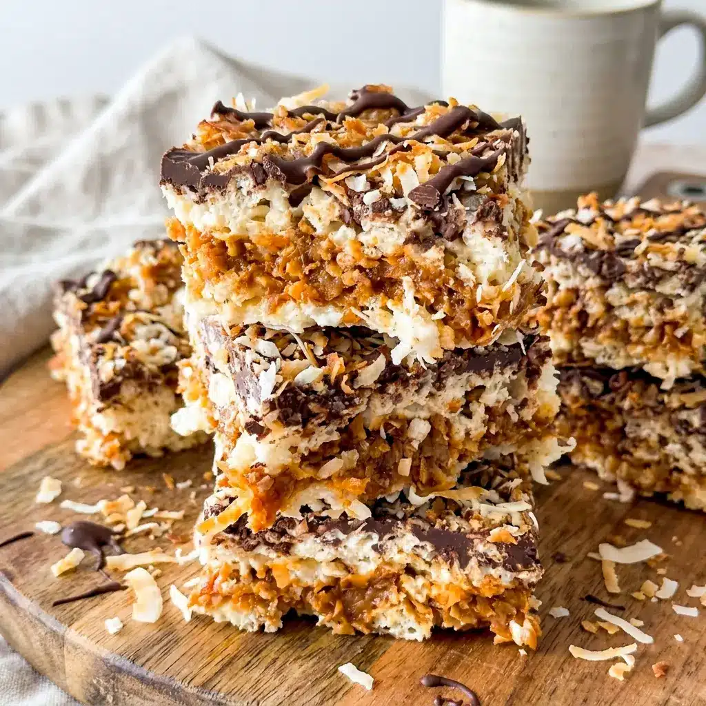 A close-up of Samoa Rice Krispies shows a sweet Samoa Rice Krispie Treats Recipe with chewy marshmallow layers and coconut crunch.