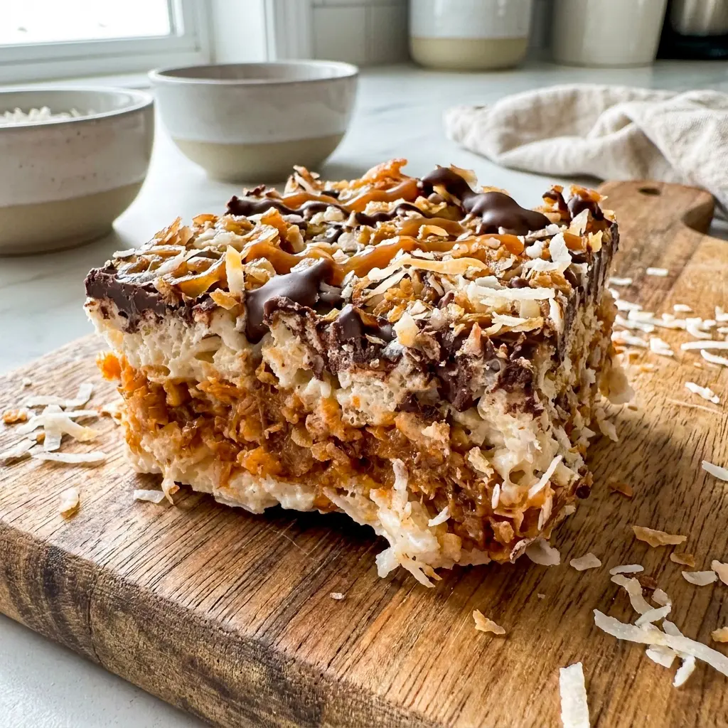 These Samoa Rice Krispies are cut into neat Samoa Rice Krispies Bars with a caramel coconut center and chocolate drizzle.