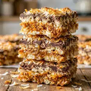 Samoa Rice Krispies look like rich Samoa Rice Krispie Treats with toasted coconut, gooey caramel, and a chocolate topping.