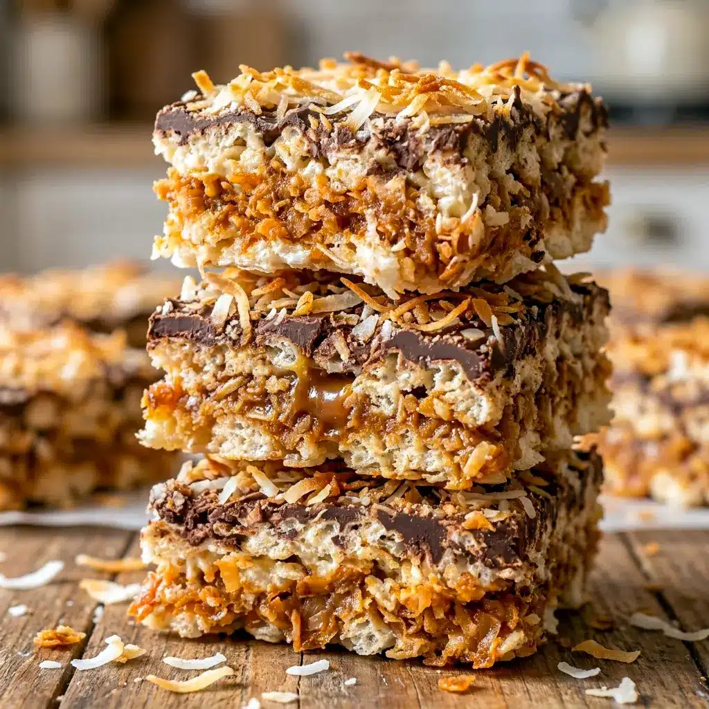 Samoa Rice Krispies look like rich Samoa Rice Krispie Treats with toasted coconut, gooey caramel, and a chocolate topping.