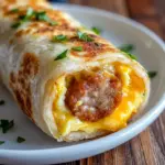 A close-up of Sausage Egg and Cheese Roll Ups for Easy Breakfast Recipes On The Go, with golden tortillas and melted cheese.