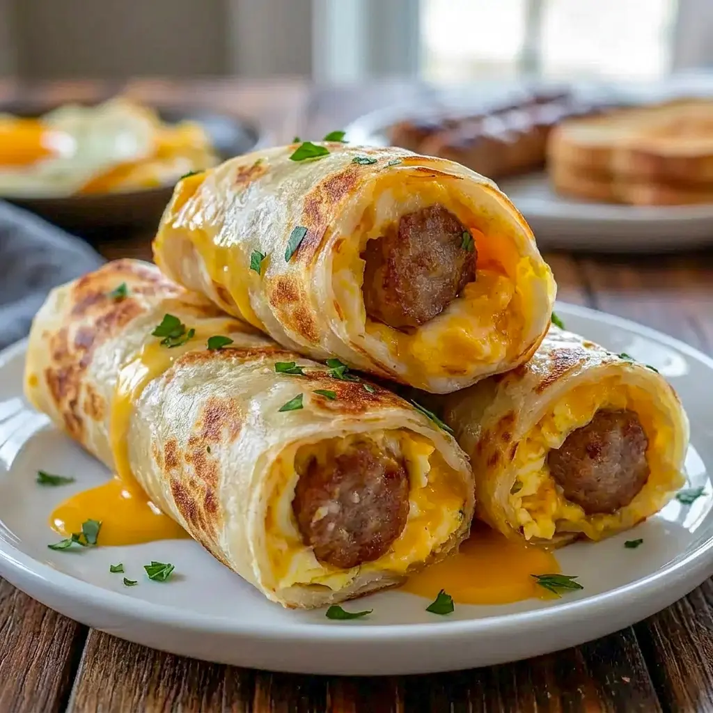 A warm skillet of Sausage Egg and Cheese Roll Ups that works perfectly for Breakfast Quick Ideas on hectic weekdays.