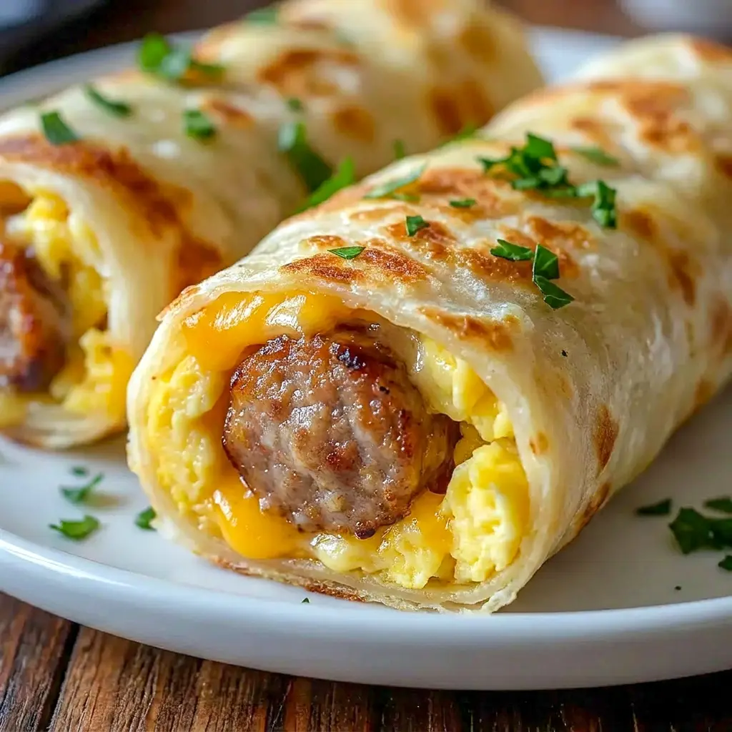 A serving plate of Sausage Egg and Cheese Roll Ups for Breakfast For Coworkers and easy brunch sharing.