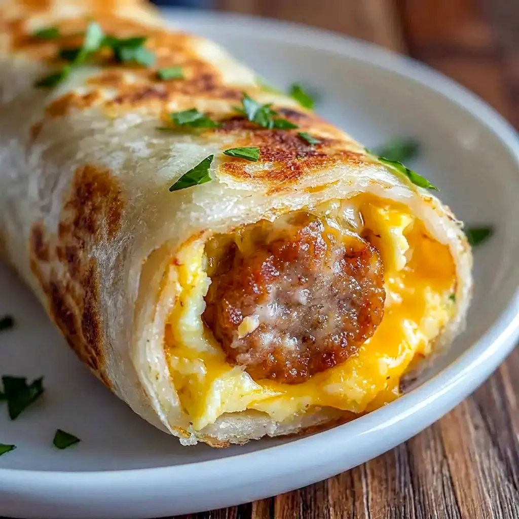 A close-up of Sausage Egg and Cheese Roll Ups for Easy Breakfast Recipes On The Go, with golden tortillas and melted cheese.