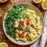 Stanley Tucci’s Creamy Lemon Ricotta Pasta with Arugula served in a cozy bowl with a bright Italian Lemon Sauce and fresh Parmesan on top.
