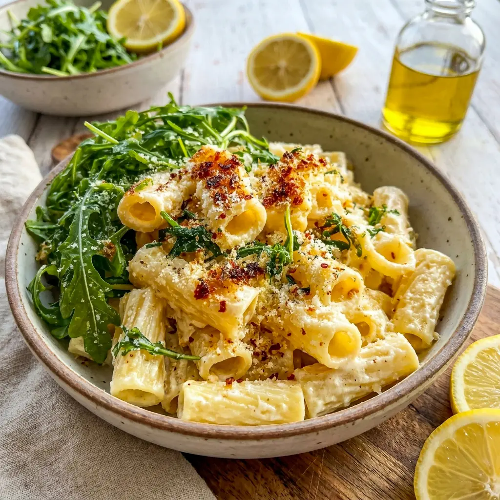 Stanley Tucci’s Creamy Lemon Ricotta Pasta with Arugula styled as one of the best Fresh Pasta Dinner Recipes with lemon zest and peppery greens.