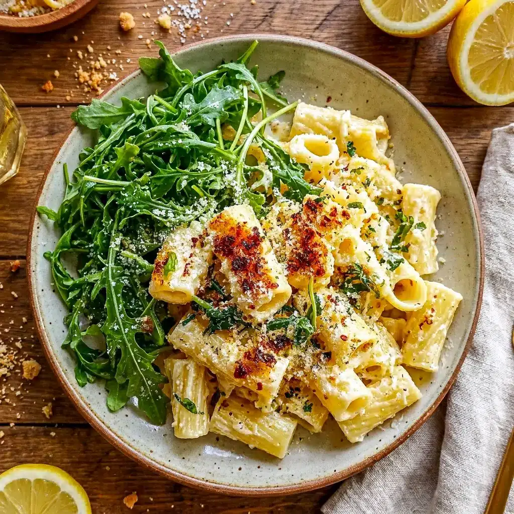 Stanley Tucci’s Creamy Lemon Ricotta Pasta with Arugula served in a cozy bowl with a bright Italian Lemon Sauce and fresh Parmesan on top.